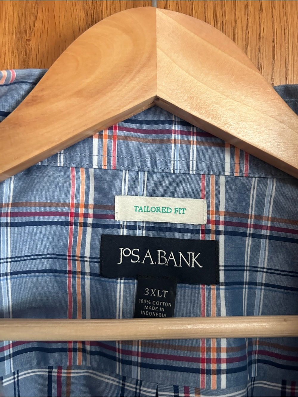 Jos. A. Bank Blue Plaid Tailored Fit Shirt with Orange & White Stripes
